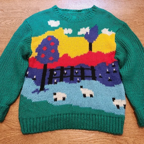Lisa Says Gah Campagne Sweater Cottage Scene Knit Sweater Size Medium (No Tag) - Picture 2 of 6